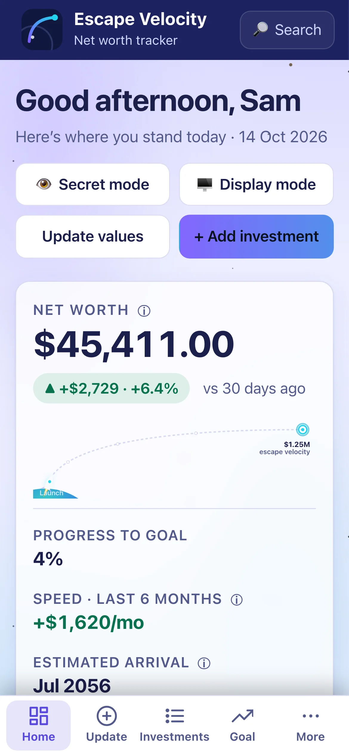 The Escape Velocity dashboard on a phone.