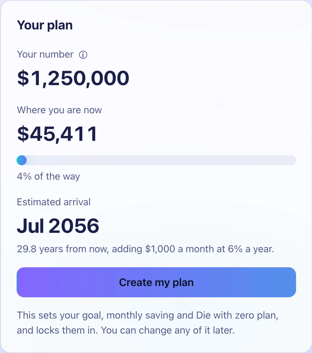 The plan panel from the guided setup: a number, where you are now and an estimated arrival.