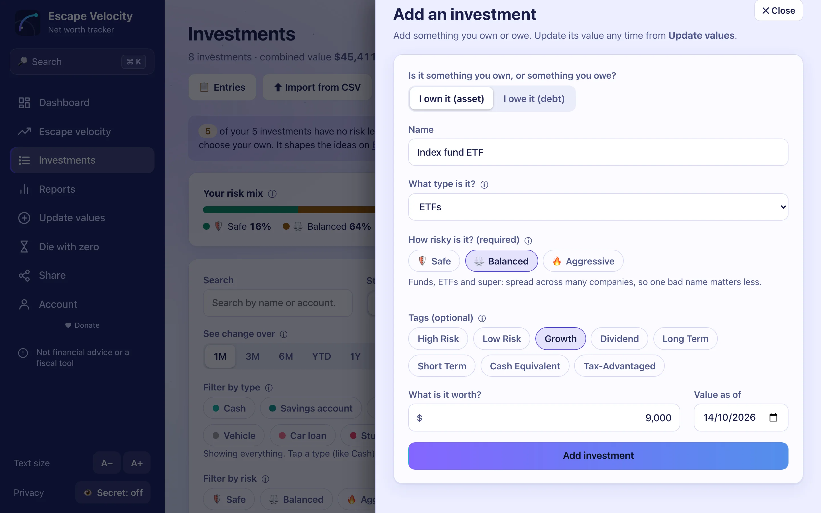The Add an asset panel: a name, a type, a risk level of Balanced and a value of $9,000.